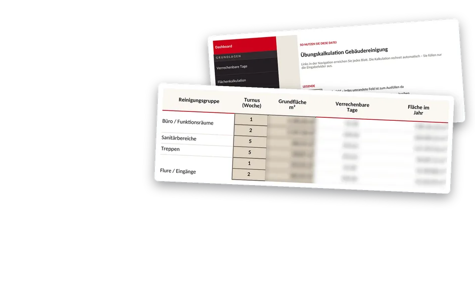 Zwei Blätter der Übungskalkulation im Rahmen: das Startblatt mit der Navigation und die Flächenkalkulation, ihre Werte unkenntlich gemacht