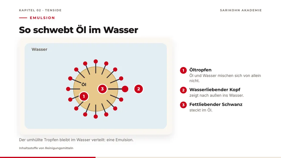 Folie „So schwebt Öl im Wasser“: Schemazeichnung eines Öltropfens im Wasser, rundum von Tensidmolekülen umlagert.